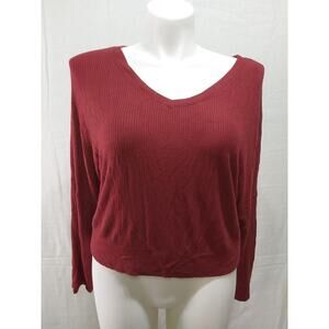 Auden Large Deep Red Ribbed 3/4 Sleeve Stretch Lightweight Short Shirt #L35